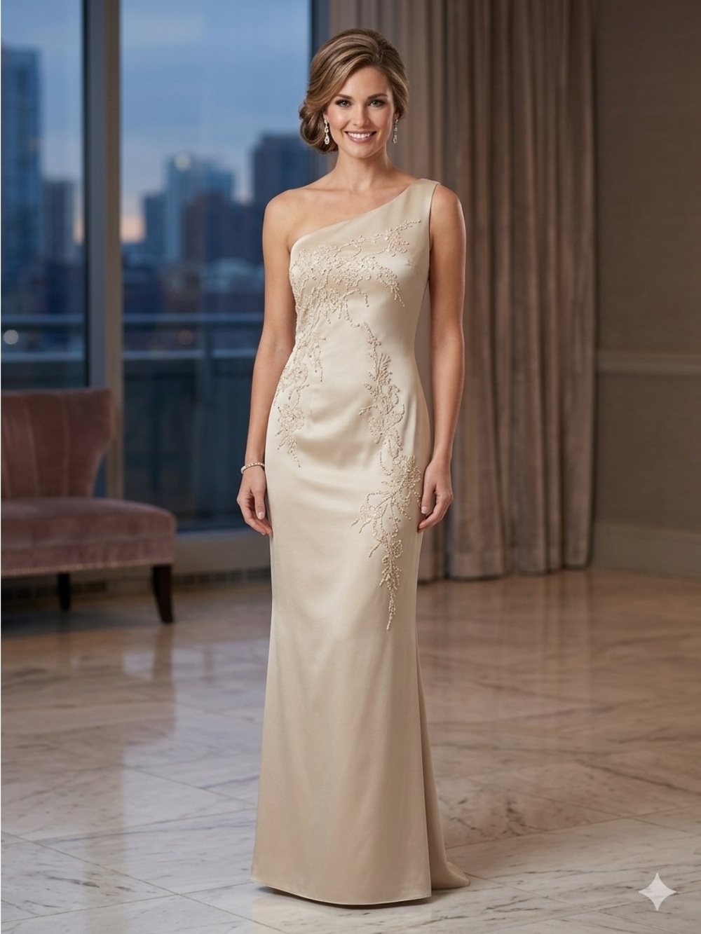 Eureka Elegant One-Shoulder Champagne Evening Gown Size M